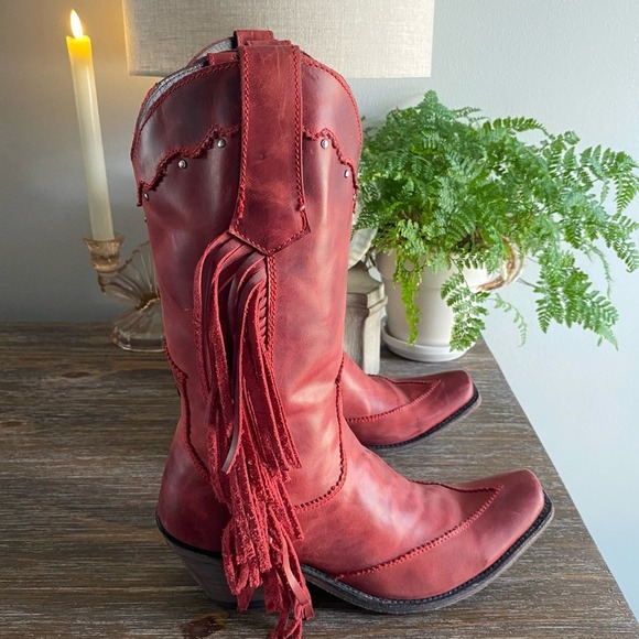 LIBERTY Black Shoes - Liberty Black Vegas Fringe Studded Cowboy Cowgirl Western Boots 7.5 Rojo Red